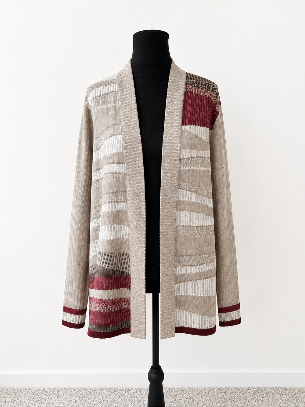 NIC+ZOE 1X Open Front Cardigan Beige Burgundy Stripe Knit Sweater